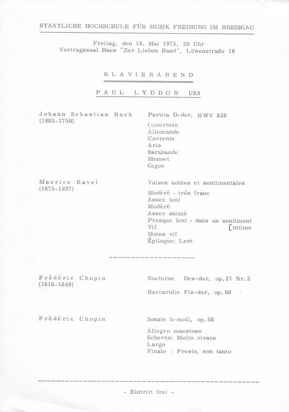 program for a
            recital in germny, 1975
