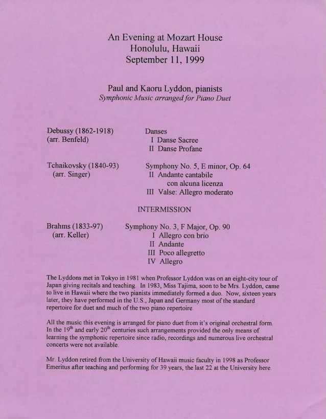 lyddon duo program for their 1999 recital in mozart house