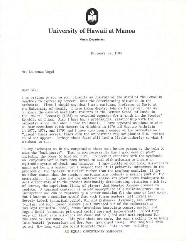 letter to laurence vogel chairman of the board of the honolulu
          symphony written in 1985