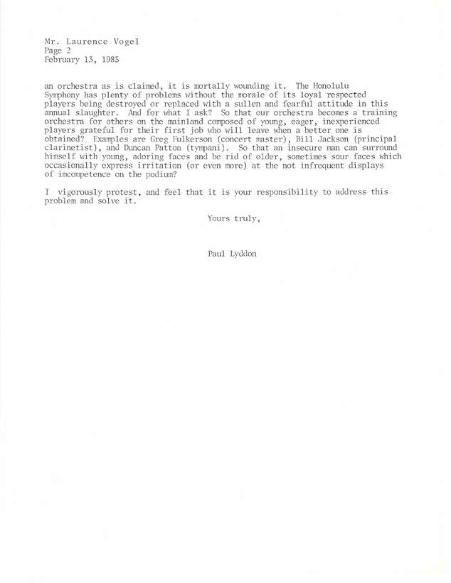 letter to laurence vogel chairman of the board of the honolulu
          symphony written in 1985